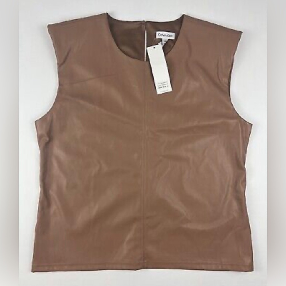 Calvin Klein Women's Small Sleeveless Faux Leather Top In UFU/Cafe Ole NWT